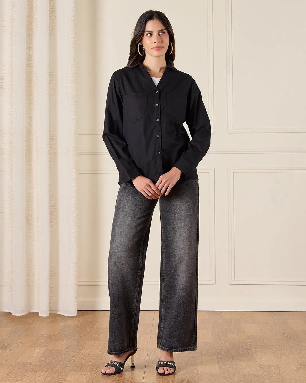 Women Black Denim Button Front Shacket sold by Redtag product image thumbnail 2