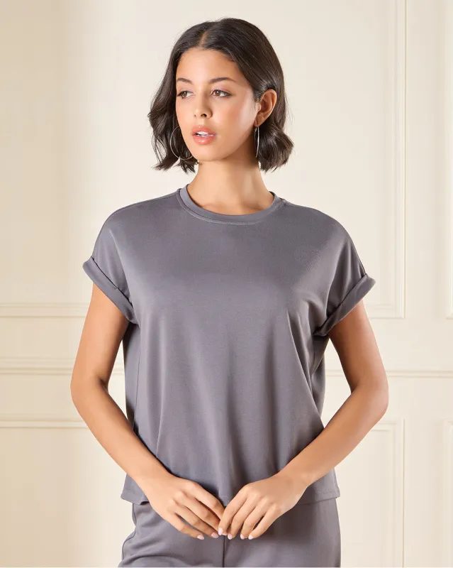 Women Grey Roll Sleeves Top sold by Redtag