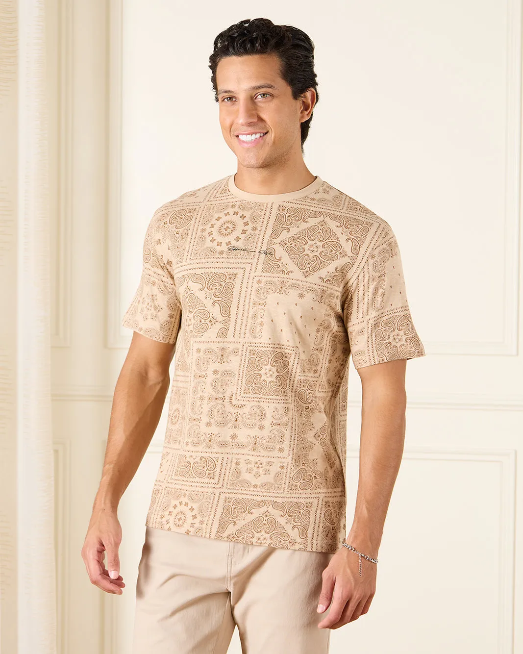Men Beige Graphic T-Shirt sold by Redtag