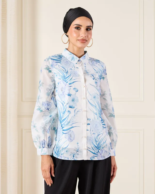 Women Blue Printed Collar Shirt sold by Redtag