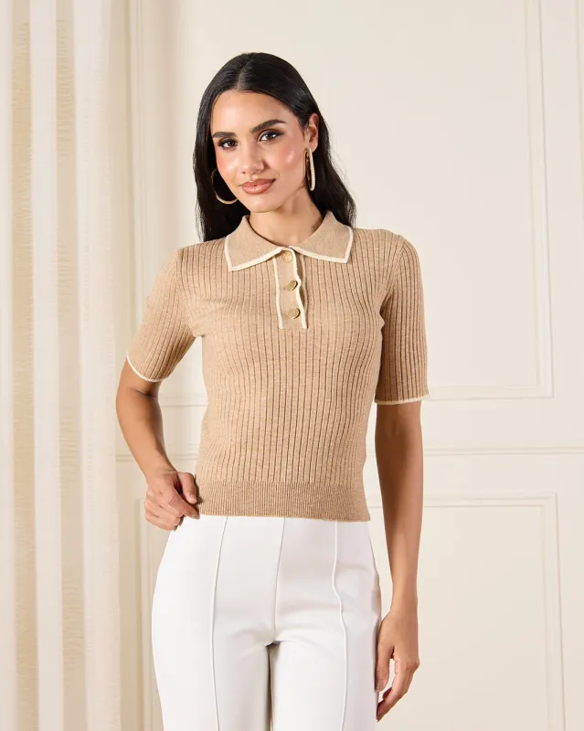 Women Beige Textured Knitted Polo Top sold by Redtag