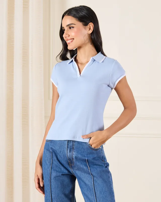 Women Blue Polo Collar Top sold by Redtag