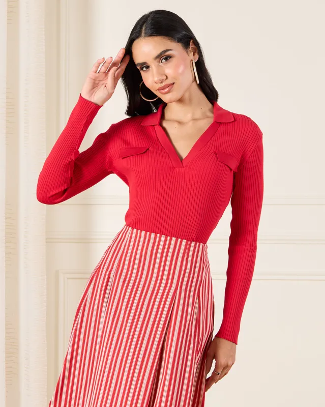 Women Red Rib Polo Top sold by Redtag