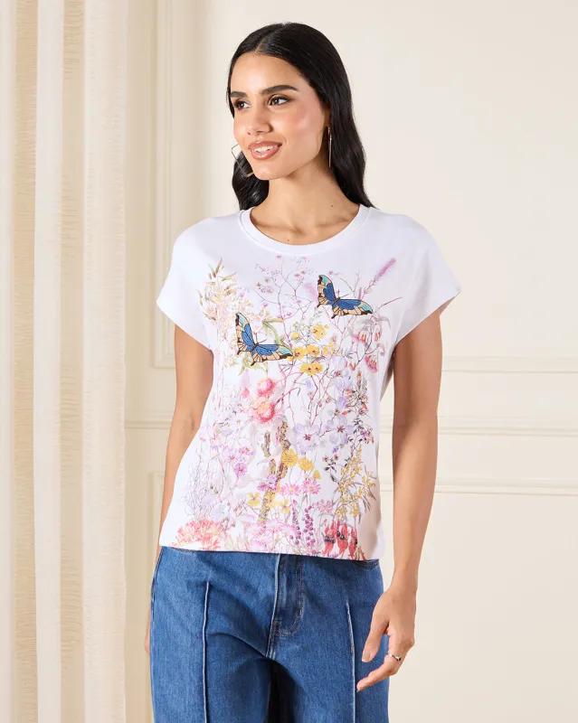 Women White Printed Front Embroidered Top sold by Redtag