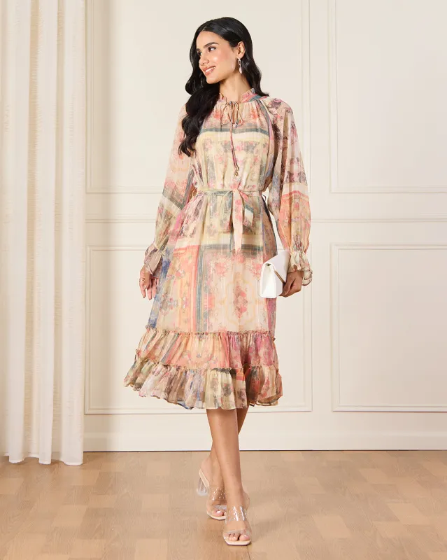Women Beige Allover Print Bohemian Frill Detailed Lurex Dress sold by Redtag