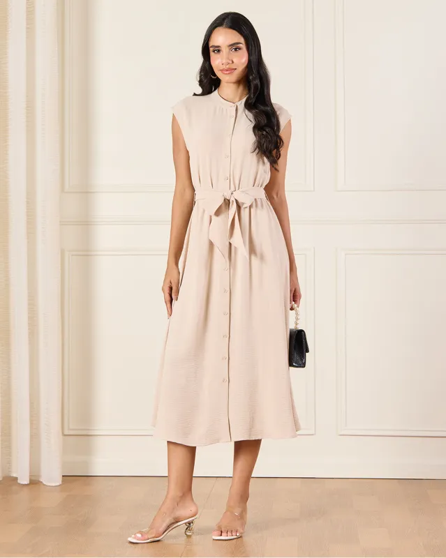 Women Beige Button Down Belted Dress sold by Redtag