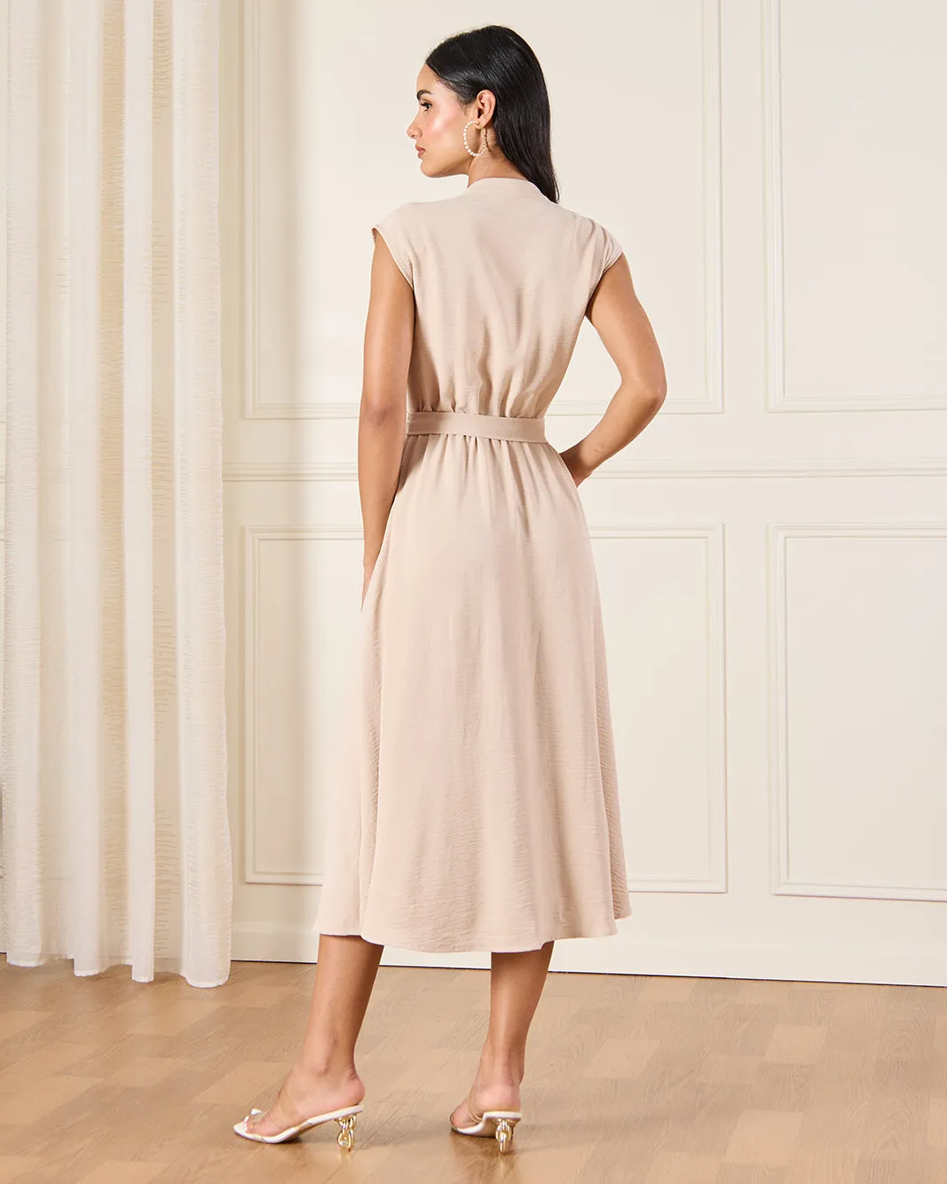 Women Beige Button Down Belted Dress sold by Redtag product image thumbnail 3