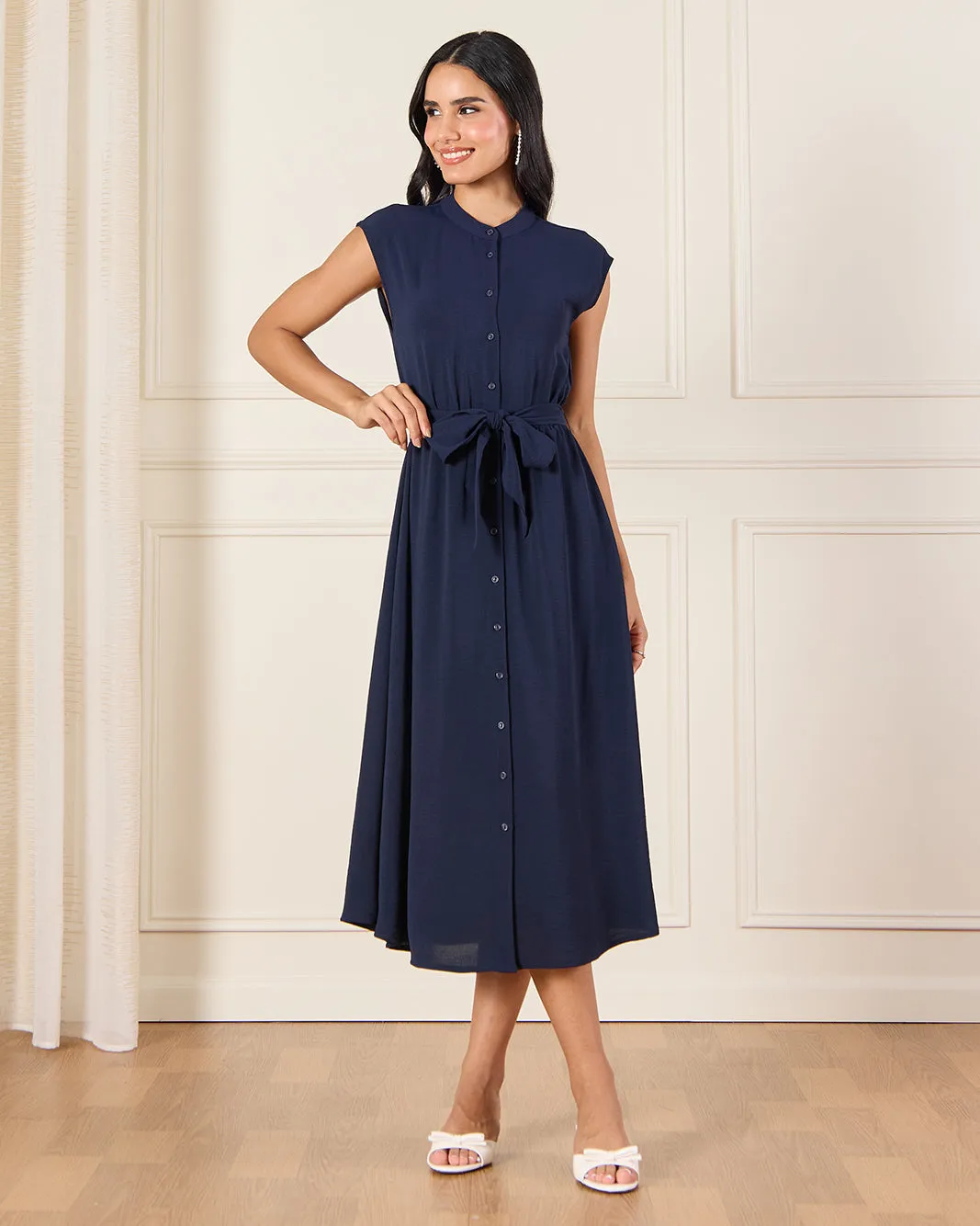 Women Navy Button Down Belted Dress sold by Redtag product image thumbnail 4