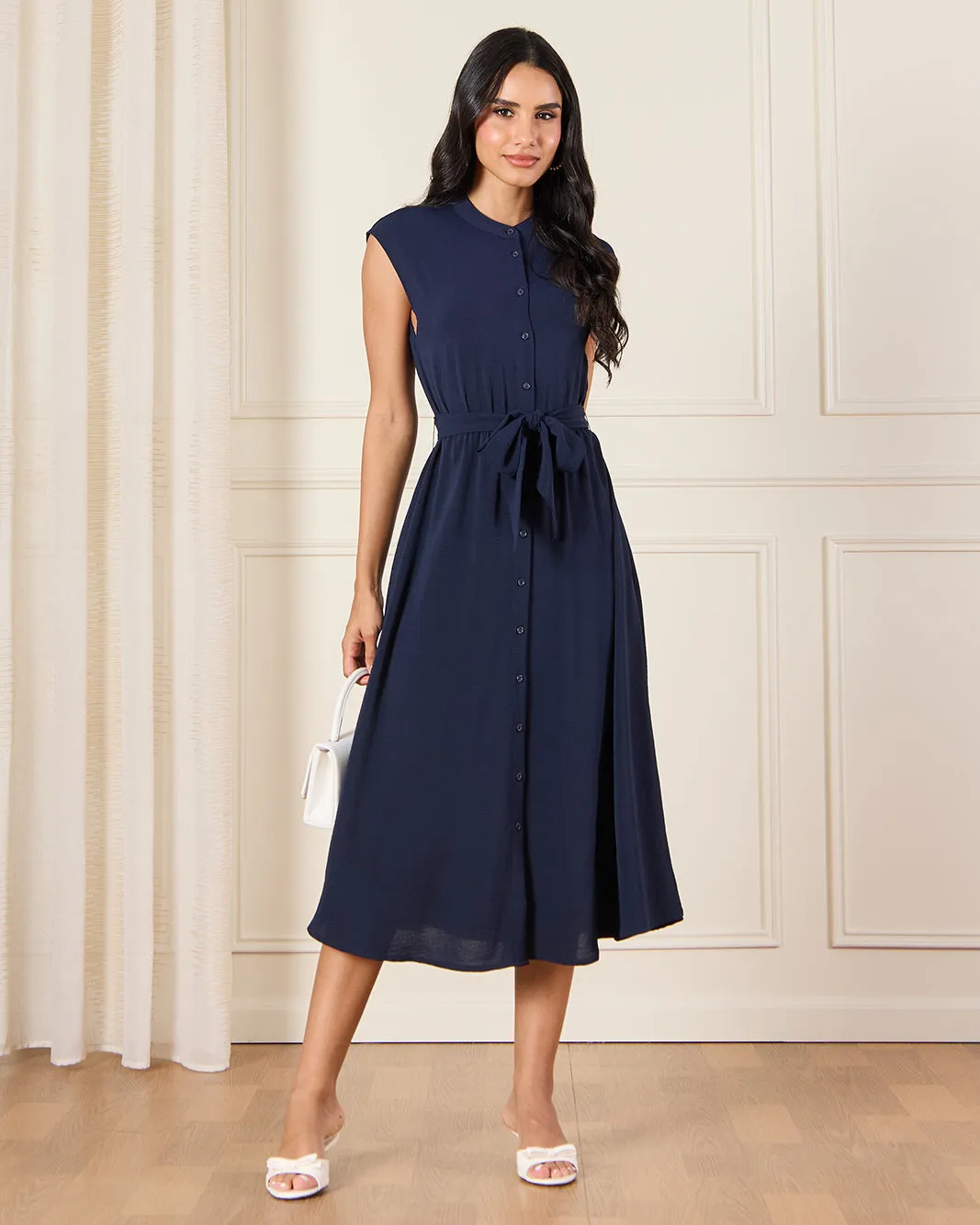 Women Navy Button Down Belted Dress sold by Redtag
