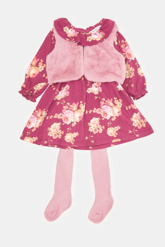 Infant Girls Purple And Pink Printed Dress Set With Tights (3 Piece) sold by Redtag