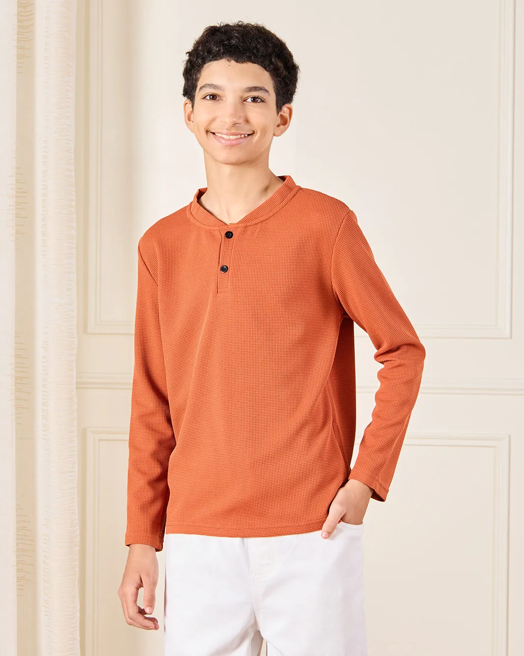 Senior Boys Orange Henley T-Shirt sold by Redtag