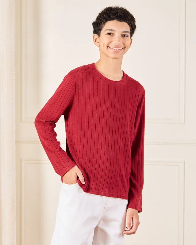 Senior Boys Burgundy Striped T-Shirt sold by Redtag