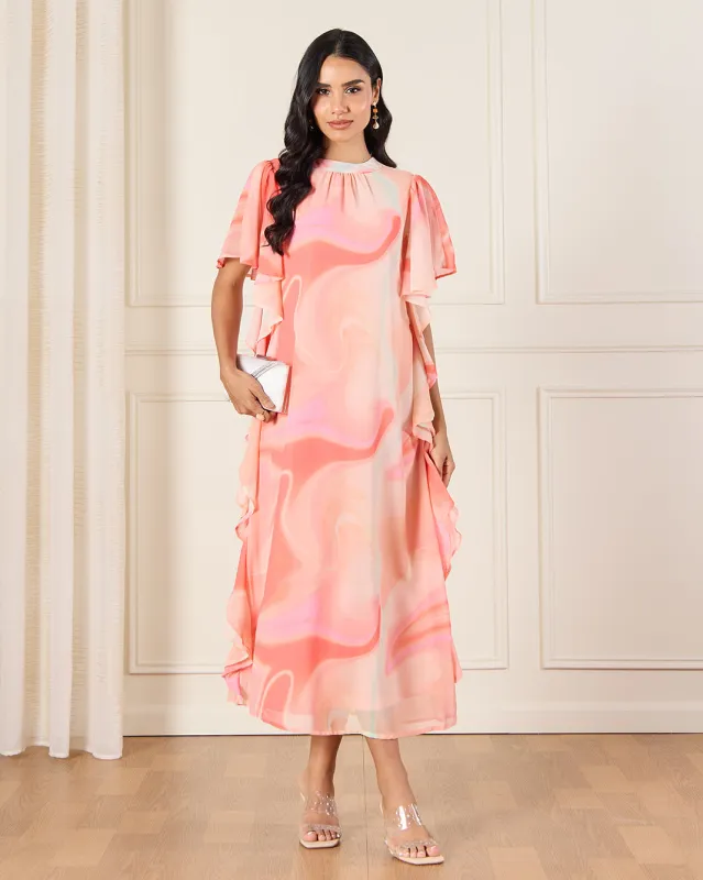 Women Coral Printed Kaftan Dress sold by Redtag