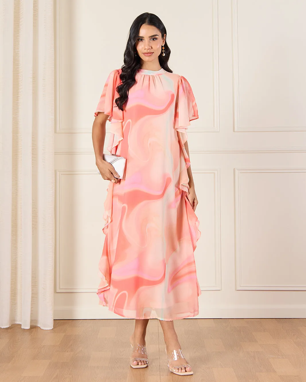 Women Coral Printed Kaftan Dress sold by Redtag