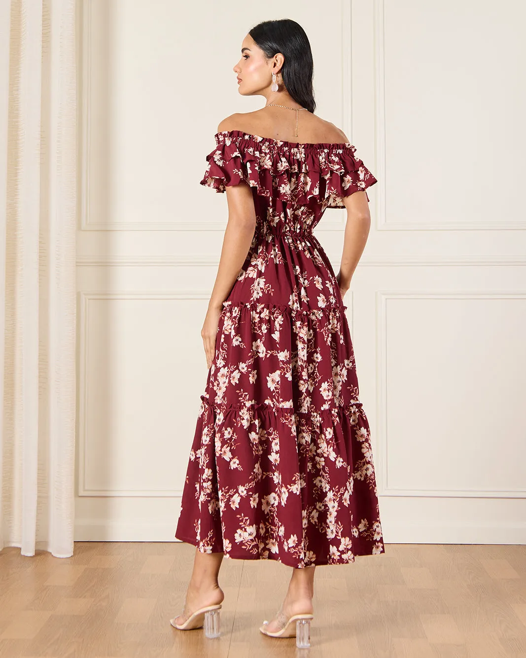 Women Burgundy Ditsy Floral Off Shoulder Maxi Dress sold by Redtag product image thumbnail 3