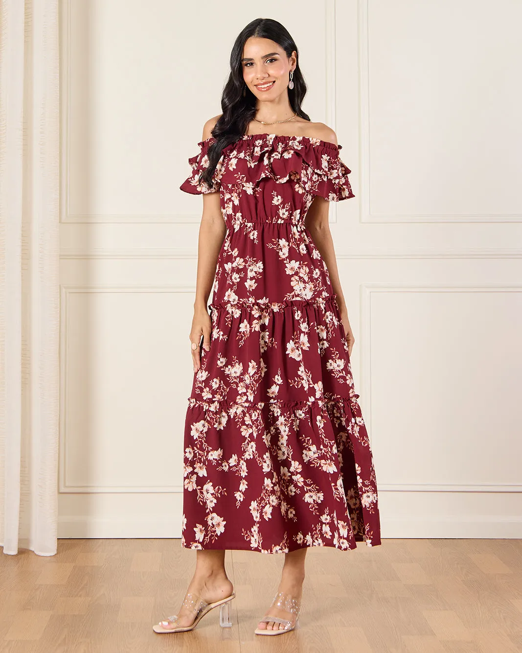 Women Burgundy Ditsy Floral Off Shoulder Maxi Dress sold by Redtag product image thumbnail 4