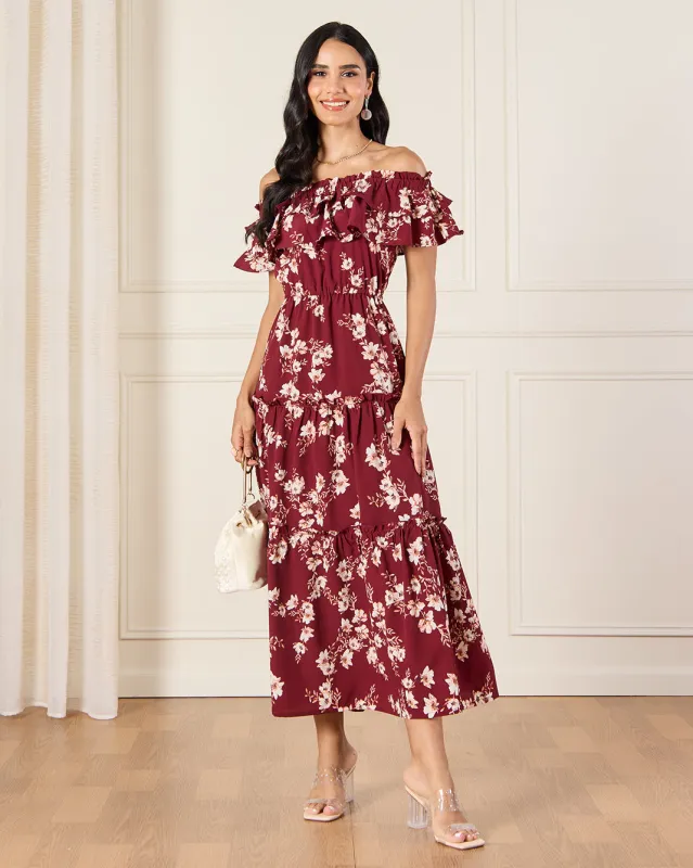Women Burgundy Ditsy Floral Off Shoulder Maxi Dress sold by Redtag