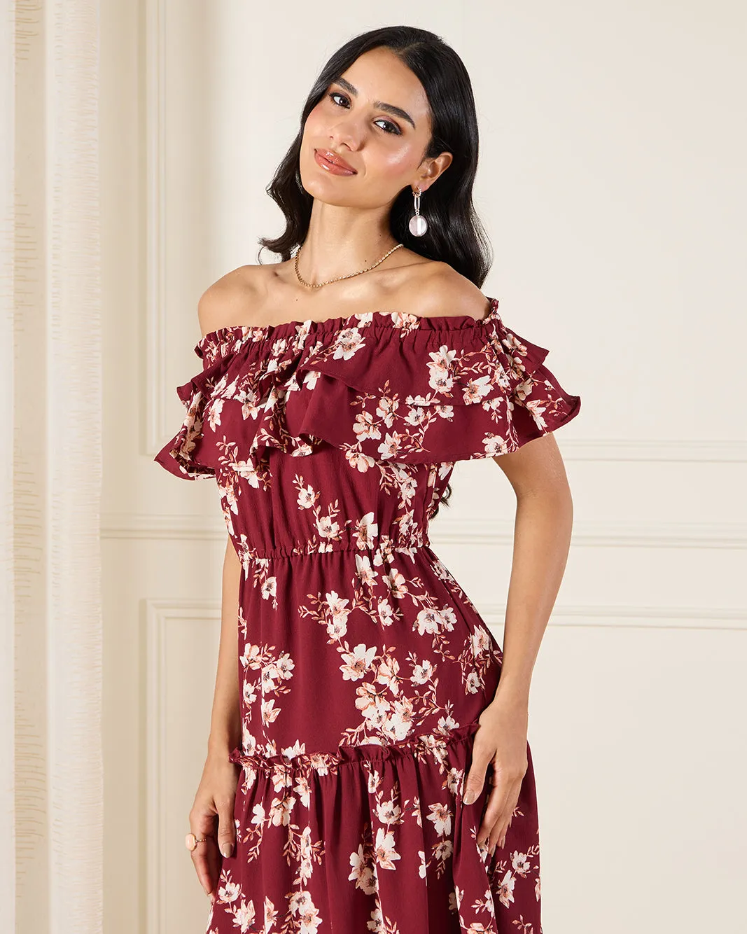 Women Burgundy Ditsy Floral Off Shoulder Maxi Dress sold by Redtag product image thumbnail 2