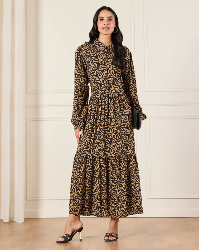 Women Black Printed Button Down Tiered Maxi Dress sold by Redtag