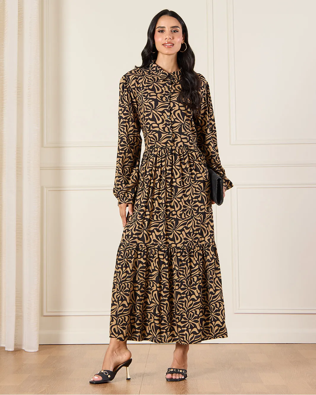 Women Black Printed Button Down Tiered Maxi Dress sold by Redtag