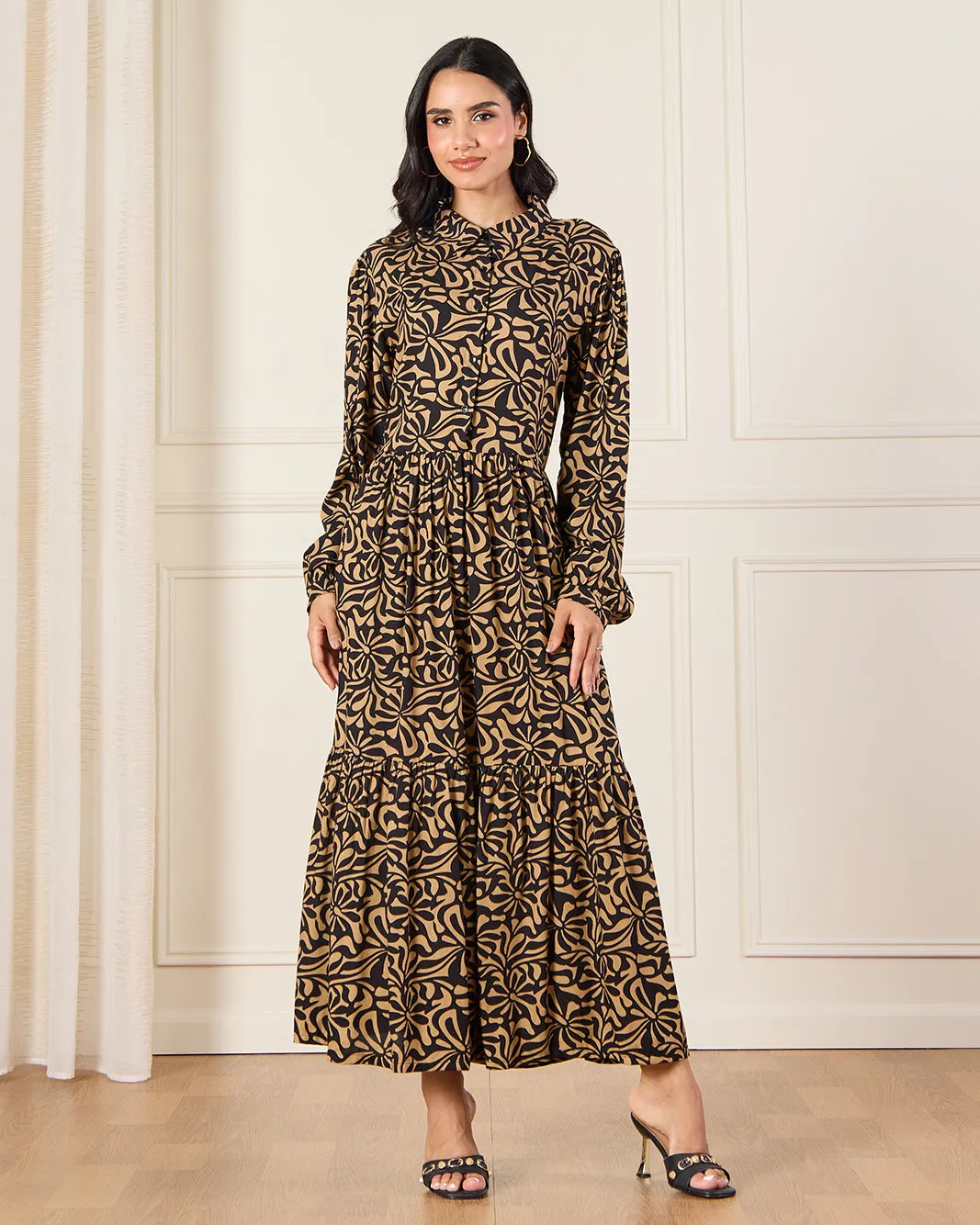 Women Black Printed Button Down Tiered Maxi Dress sold by Redtag product image thumbnail 4