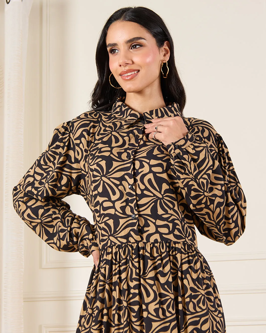 Women Black Printed Button Down Tiered Maxi Dress sold by Redtag product image thumbnail 2