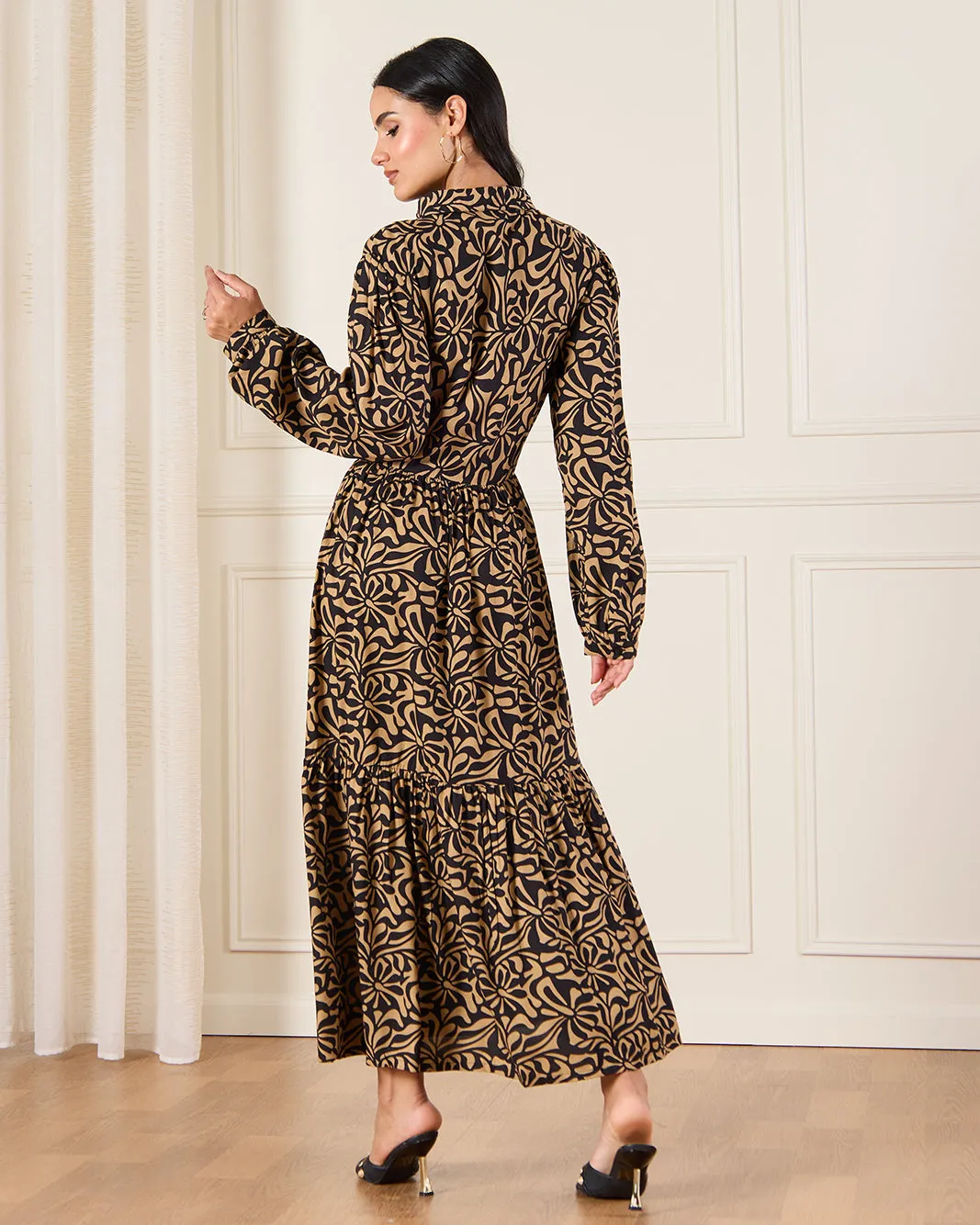 Women Black Printed Button Down Tiered Maxi Dress sold by Redtag product image thumbnail 3