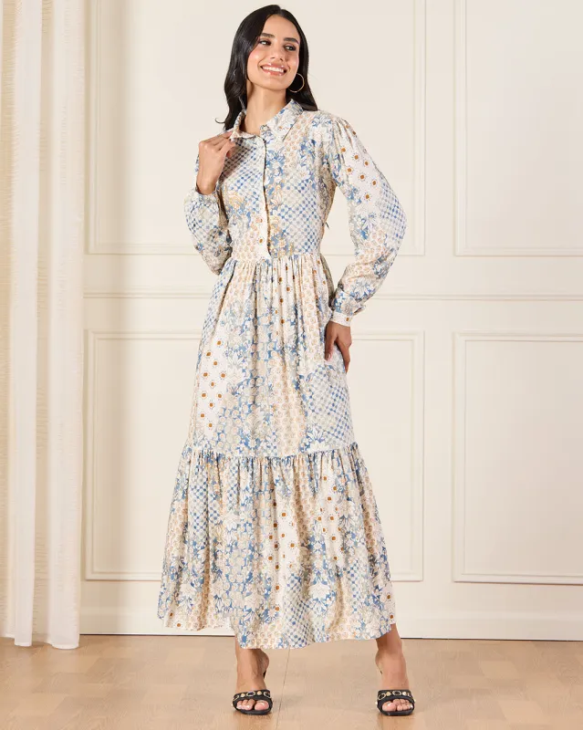 Women Ivory Printed Button Down Tiered Maxi Dress sold by Redtag