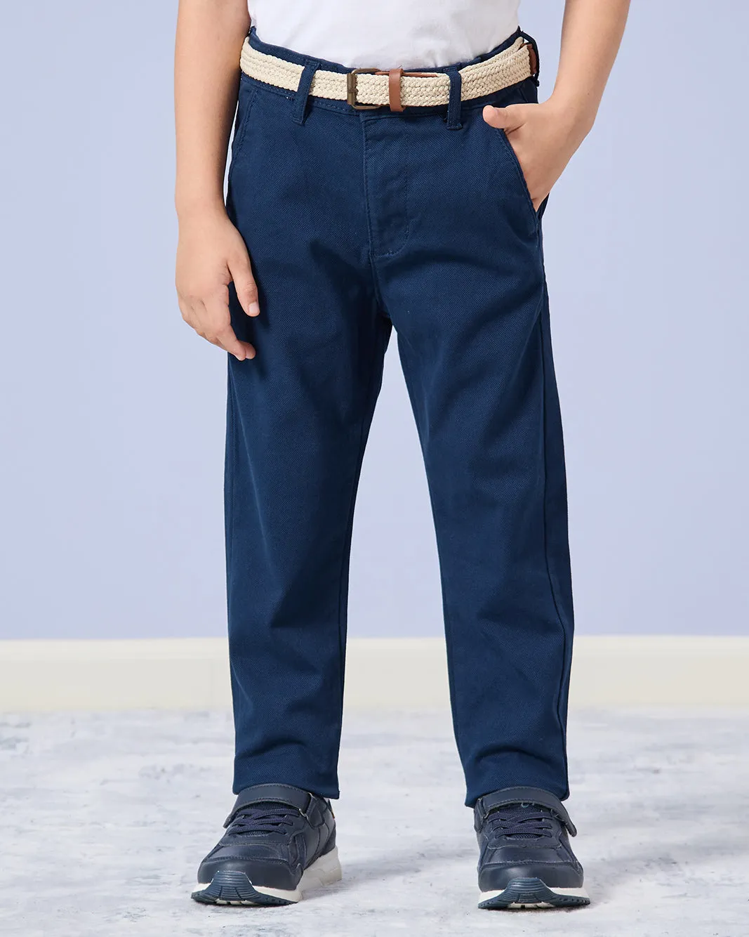 Boys Navy Dobby Belted Trousers sold by Redtag