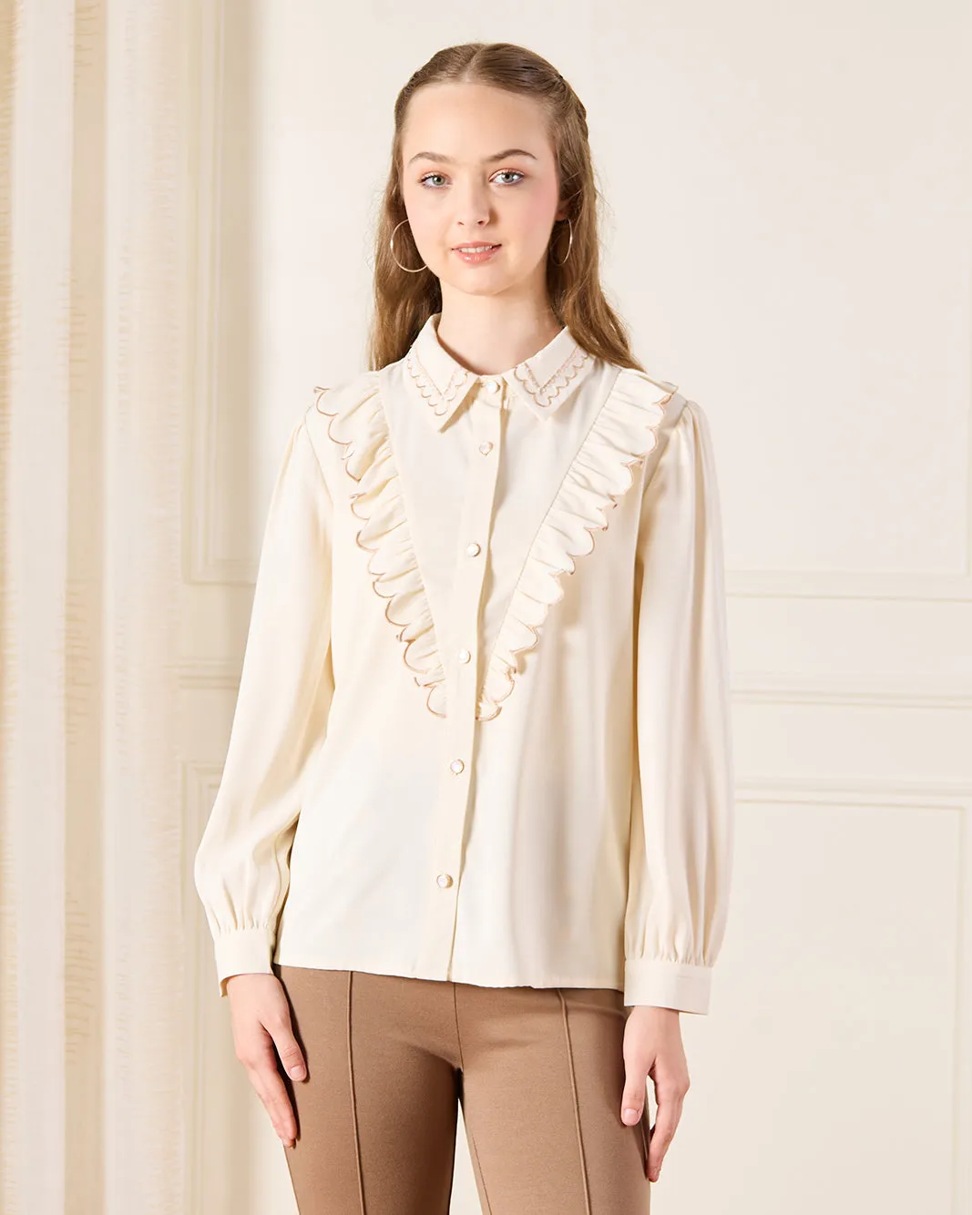 Senior Girls Cream Ruffle Embellished Blouse sold by Redtag
