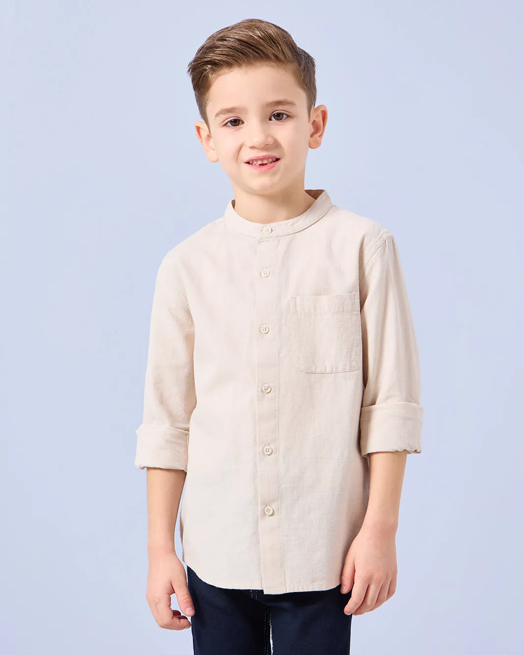 Boys Beige Mandarin Collar Shirt sold by Redtag