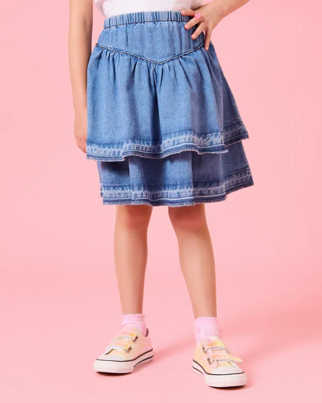 Girls Blue Denim Tiered Skirt sold by Redtag