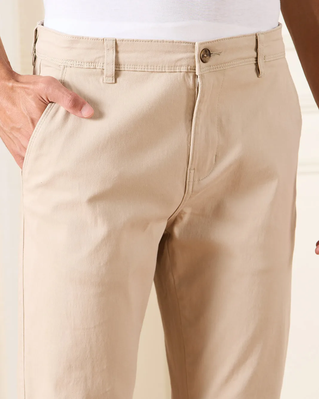Men Beige Solid Casual Trousers sold by Redtag product image thumbnail 4