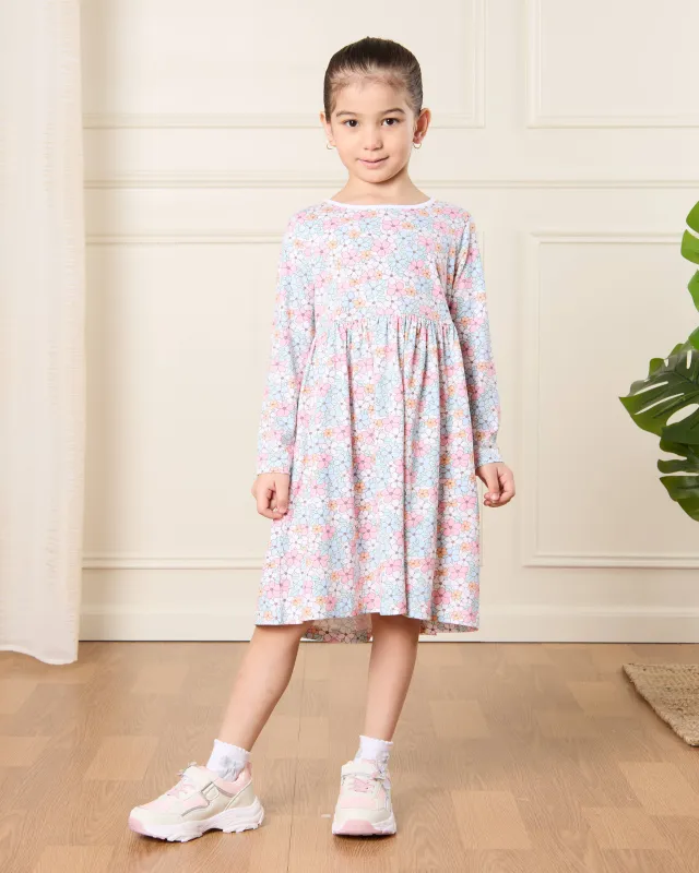 Girls White Floral Printed Long Sleeve Dress sold by Redtag