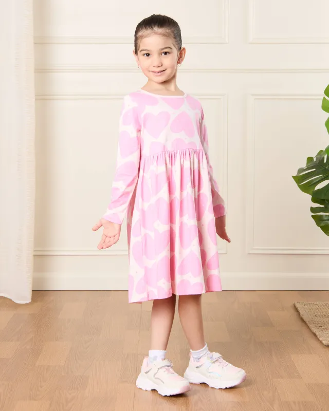 Girls White And Pink Heart Printed Dress sold by Redtag