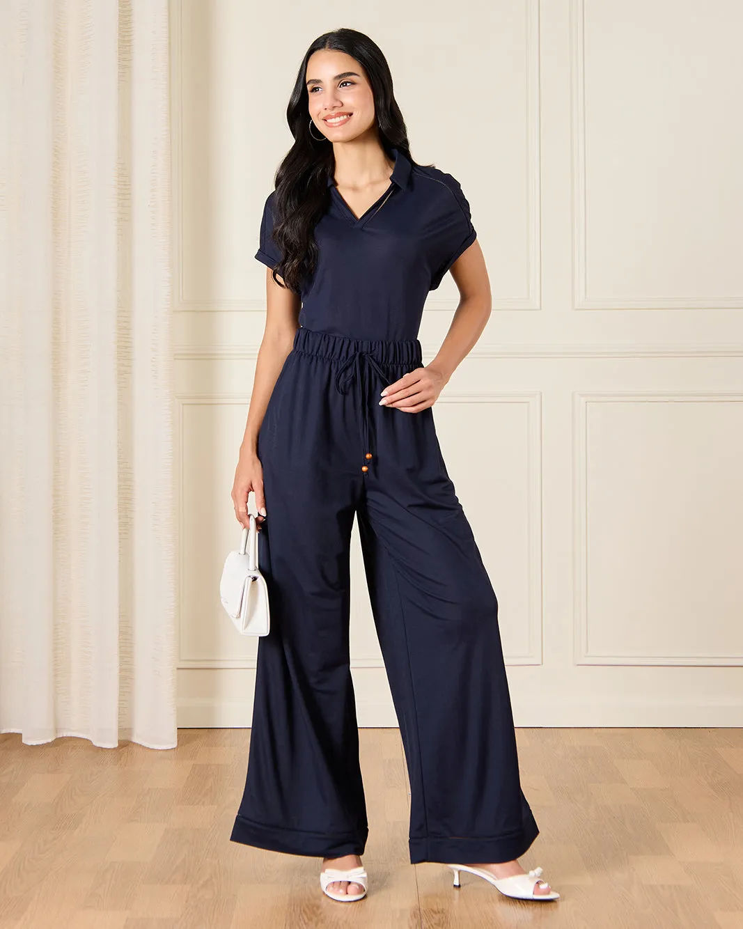 Women Navy Elasticated Waist Wide Leg Trousers sold by Redtag product image thumbnail 2