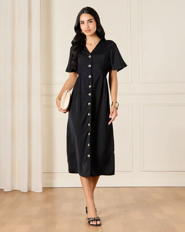 Women Black Button Down Midi Dress sold by Redtag