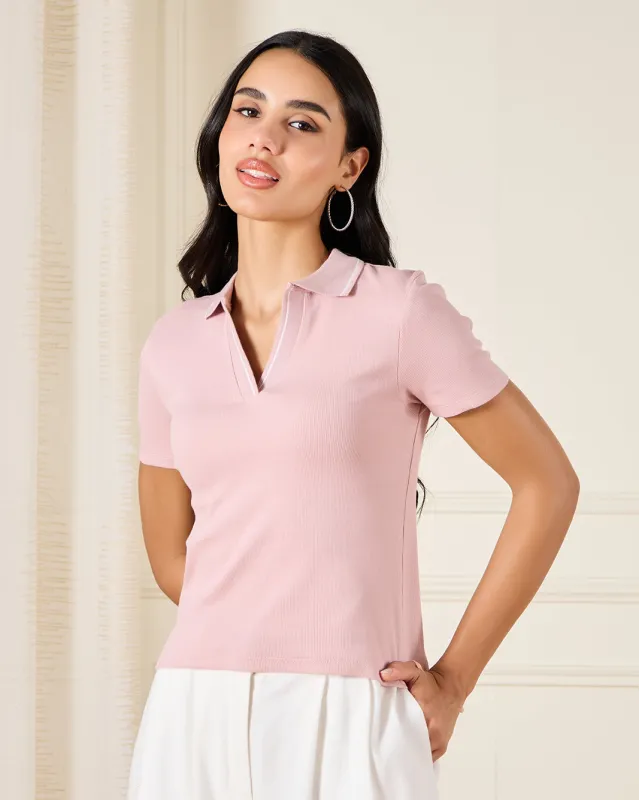 Women Pink Ribbed Polo T-Shirt sold by Redtag