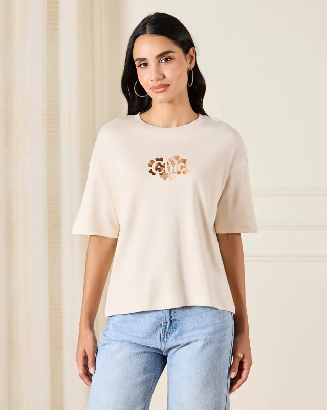 Women Cream Printed T-Shirt sold by Redtag