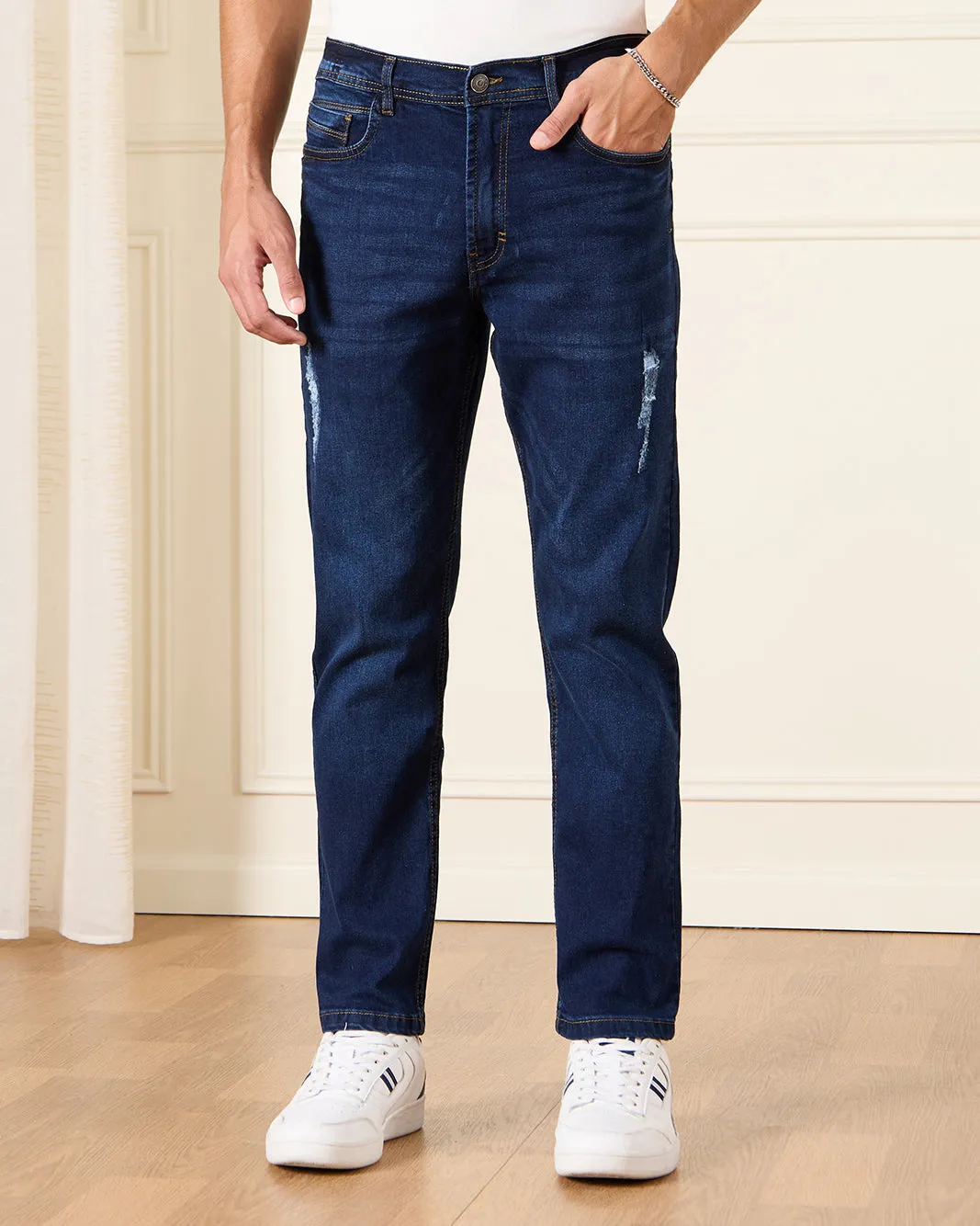 Men Navy Embellished Straight Fit Denim Jeans sold by Redtag