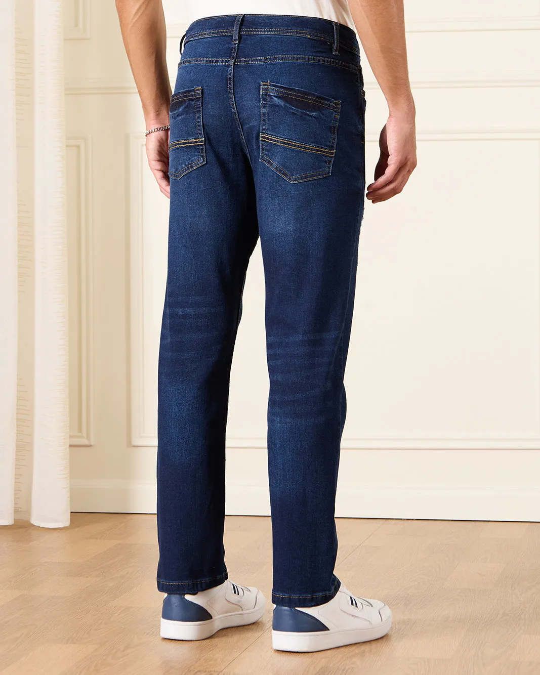 Men Navy Embellished Straight Fit Denim Jeans sold by Redtag product image thumbnail 3