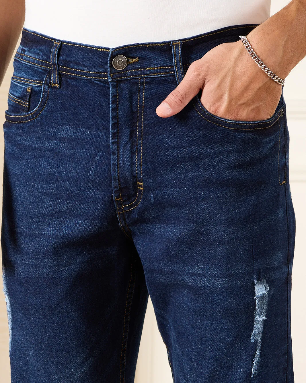 Men Navy Embellished Straight Fit Denim Jeans sold by Redtag product image thumbnail 4