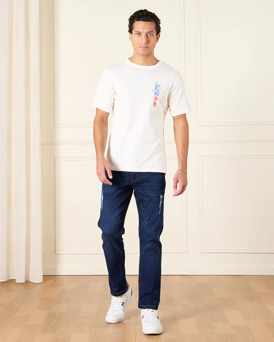 Men Navy Embellished Straight Fit Denim Jeans sold by Redtag product image thumbnail 2