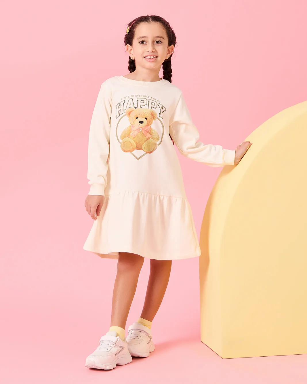 Girls Beige Bear Printed Dress sold by Redtag