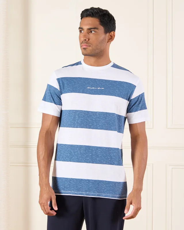Men White And Blue Striped T-Shirt sold by Redtag