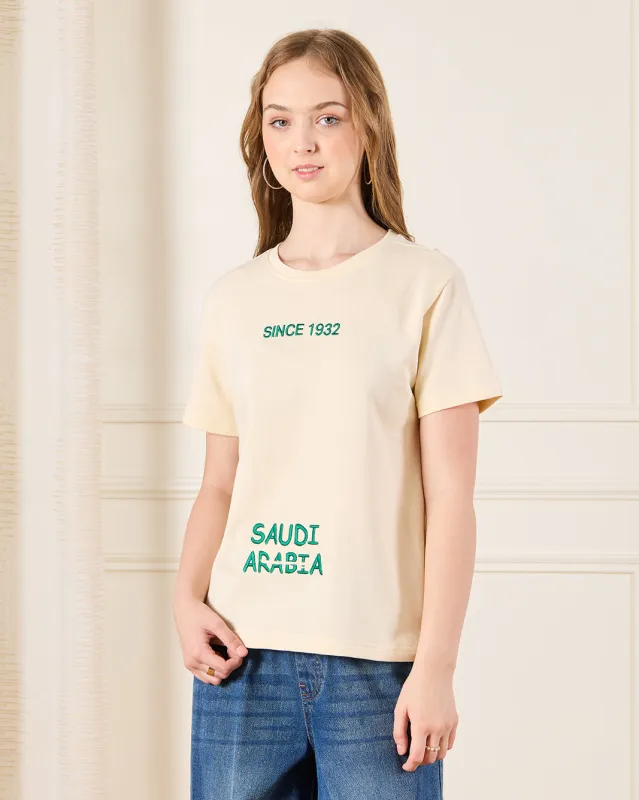 Senior Girls Beige KSA Embroidery T-Shirt sold by Redtag