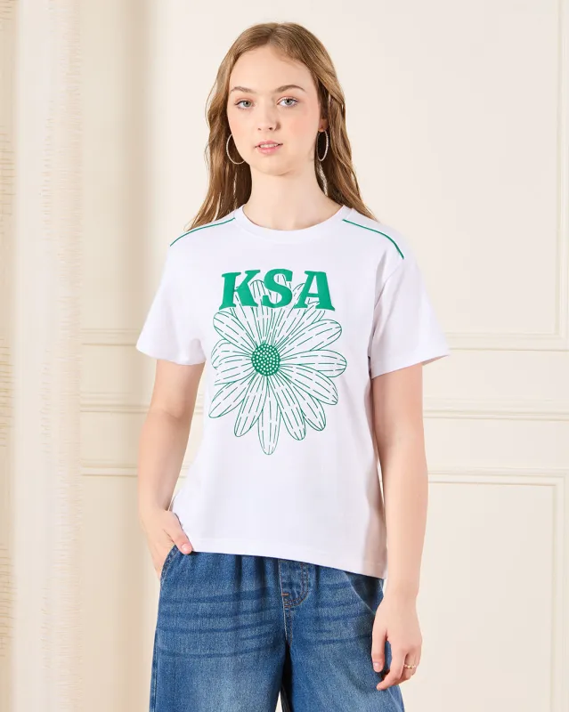 Senior Girls White KSA Print T-Shirt sold by Redtag