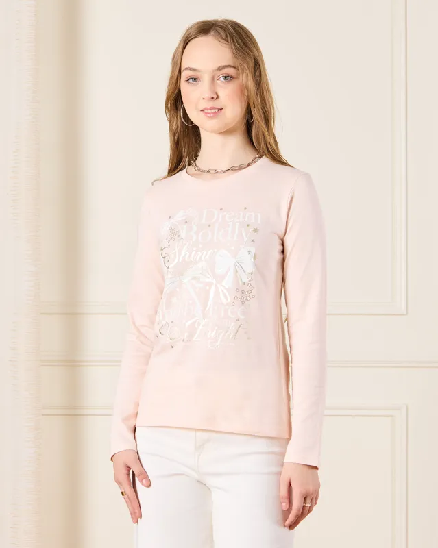 Senior Girls Beige Bow Print T-Shirt sold by Redtag