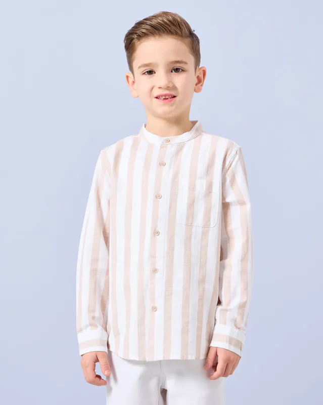 Boys Beige And White Striped Mandarin Collar Shirt sold by Redtag
