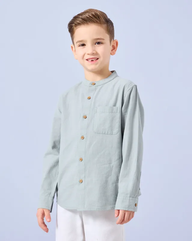 Boys Green Long Sleeve Mandarin Collar Shirt sold by Redtag